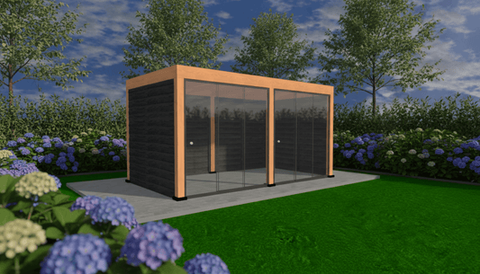 Douglas overkapping 480x250 cm met glazen schuifwanden en plat dak