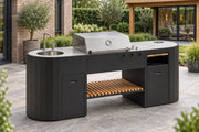 Q-boo OVO GL luxe buitenkeuken met gasbarbecue, spoelbak met kraan en Dekton werkblad in moderne tuin