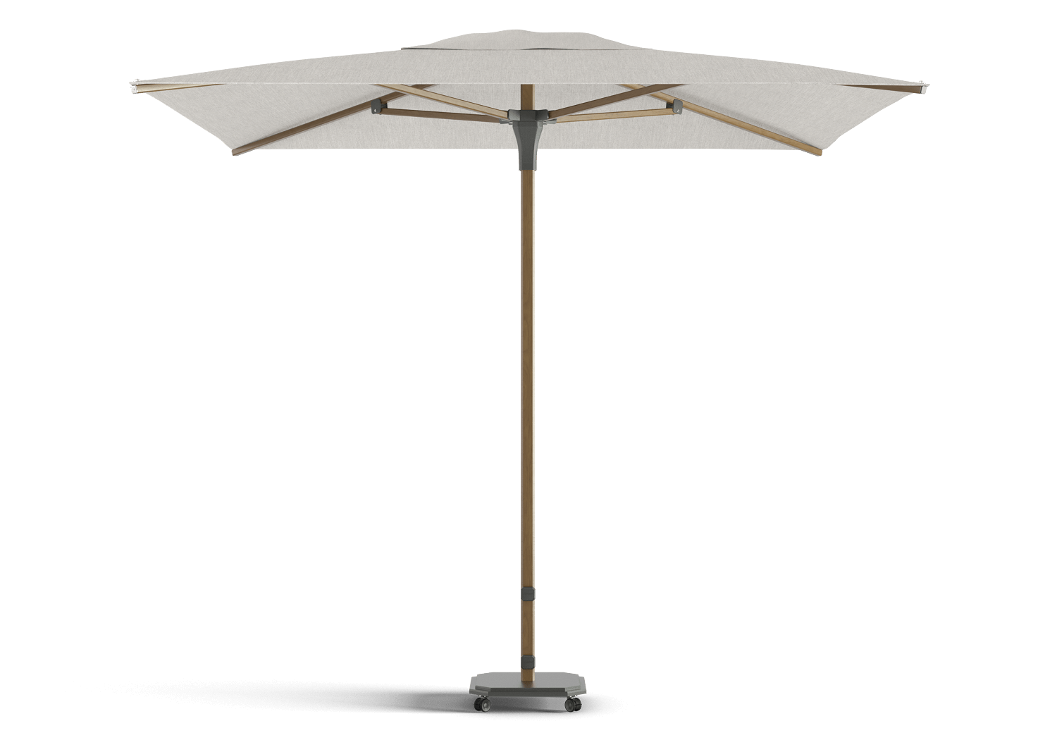 Parasol Jardinico JCP.102 in A12 Alu Teak frame, C011 Cotton doek en S31 Charcoal basis, te koop bij Chique Buiten Leven.