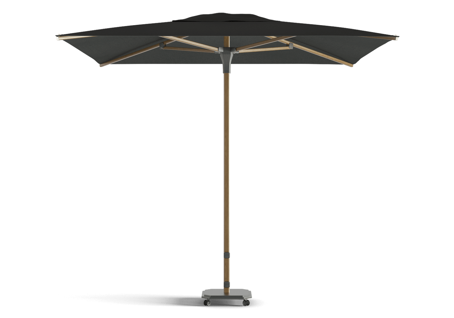 Parasol Jardinico JCP.102 in A12 Alu Teak frame, C210 Pitch doek en S31 Charcoal basis, exclusief verkrijgbaar bij Chique Buiten Leven.