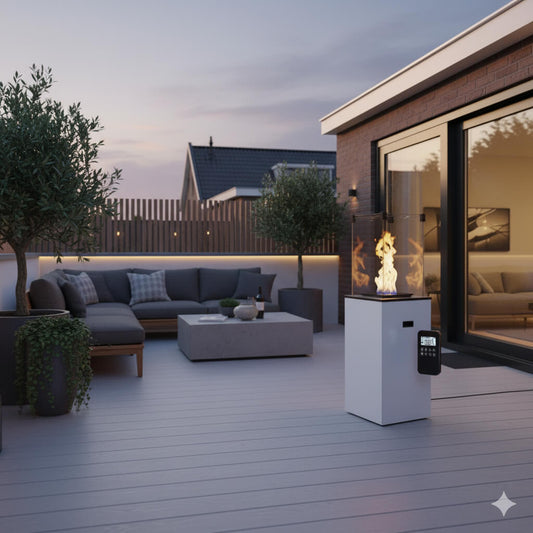 Moderne witte automatische gashaard (8,2 kW) op een Nederlands terras met potlavendel en een bakstenen achtergrond.
