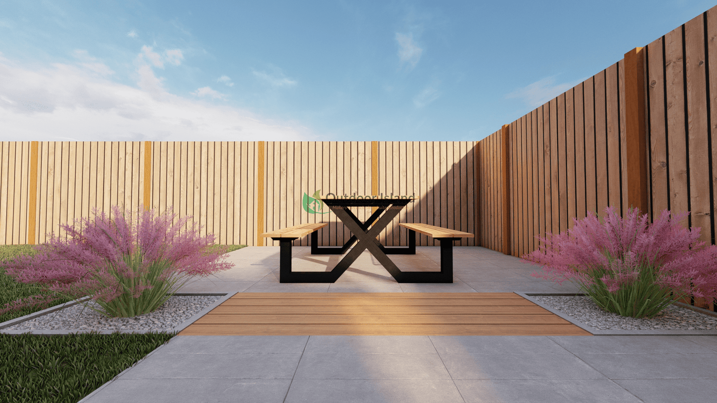 Picknicktafel van Douglas hout – Buitentafel Model X | Outdoor Island - Chique Buiten Leven - Outdoor Island - Picknicktafel