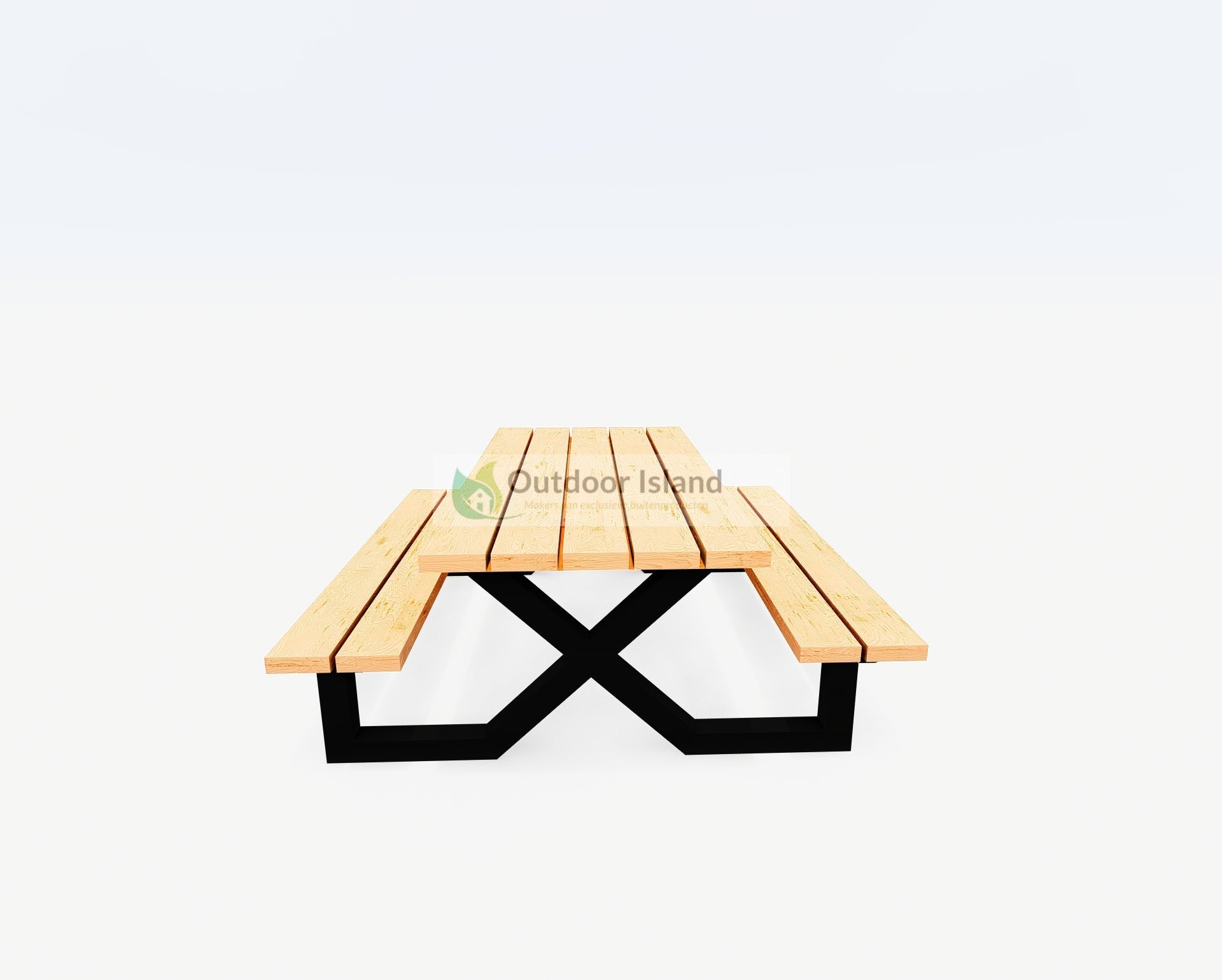 Voorzijde van de Picknicktafel Outdoor Island Model X – stijlvolle buitentafel met duurzaam Douglas hout en stevig metalen onderstel.