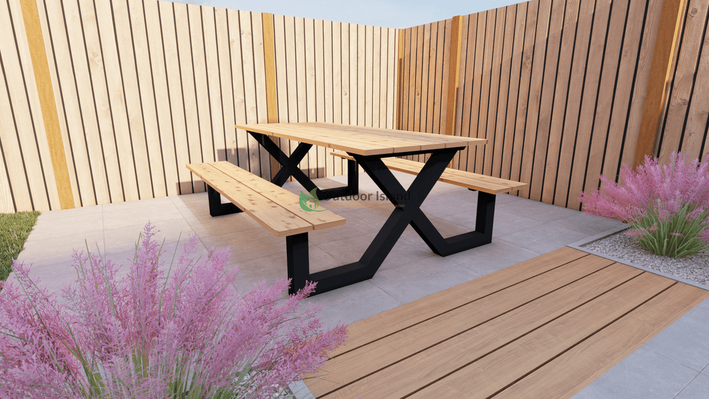 Picknicktafel van Douglas hout – Buitentafel Model X | Outdoor Island - Chique Buiten Leven - Outdoor Island - Picknicktafel