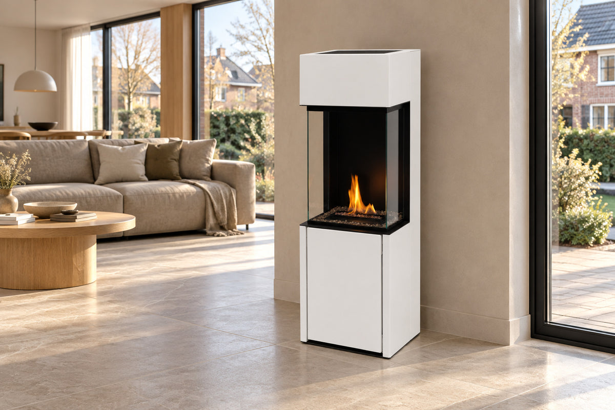 Witte Planika Arcticon bio-ethanol haard in een Nederlands interieur