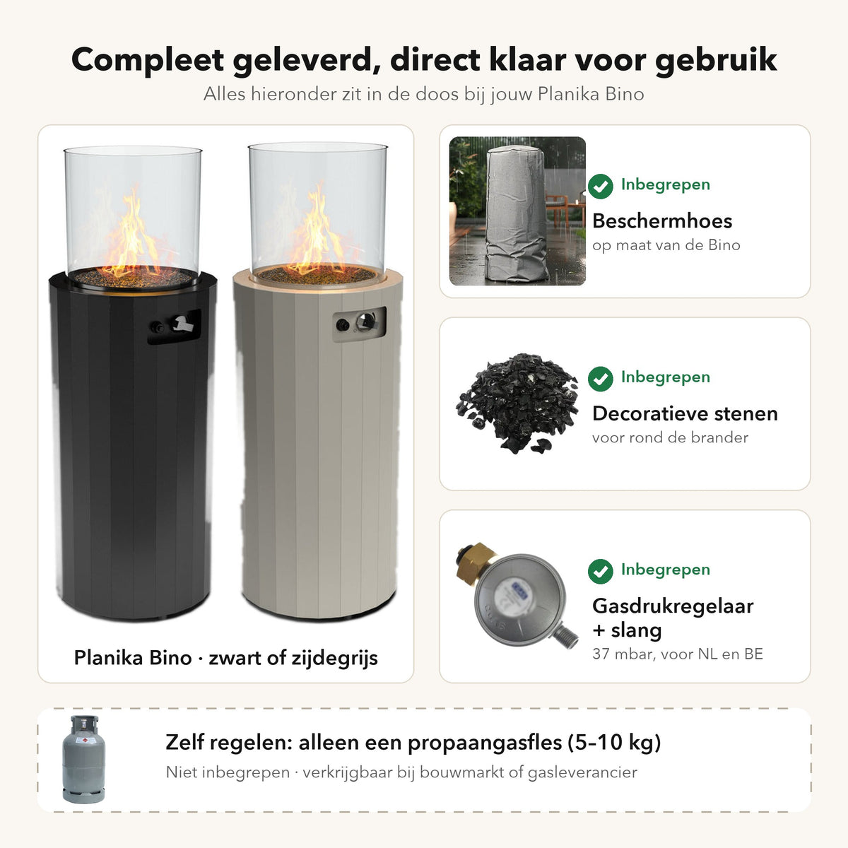 Wat zit er in de doos bij de Planika Bino buitenhaard op gas (zwart of zijdegrijs): beschermhoes, decoratieve stenen en 37 mbar gasdrukregelaar met slang; alleen een propaangasfles regel je zelf