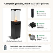 Wat zit er in de doos bij de Planika Faro: buitenhaard, beschermhoes, decoratieve glasstenen en 37 mbar gasdrukregelaar met slang; alleen een propaangasfles regel je zelf