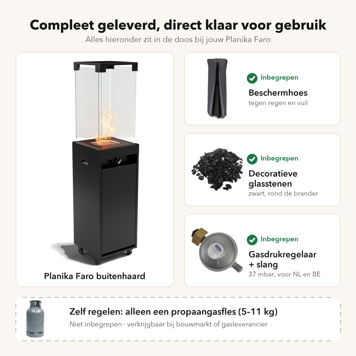 Wat zit er in de doos bij de Planika Faro: buitenhaard, beschermhoes, decoratieve glasstenen en 37 mbar gasdrukregelaar met slang; alleen een propaangasfles regel je zelf