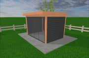Douglas tuinkamer met glazen schuifwanden en plat dak 360 x 250 cm