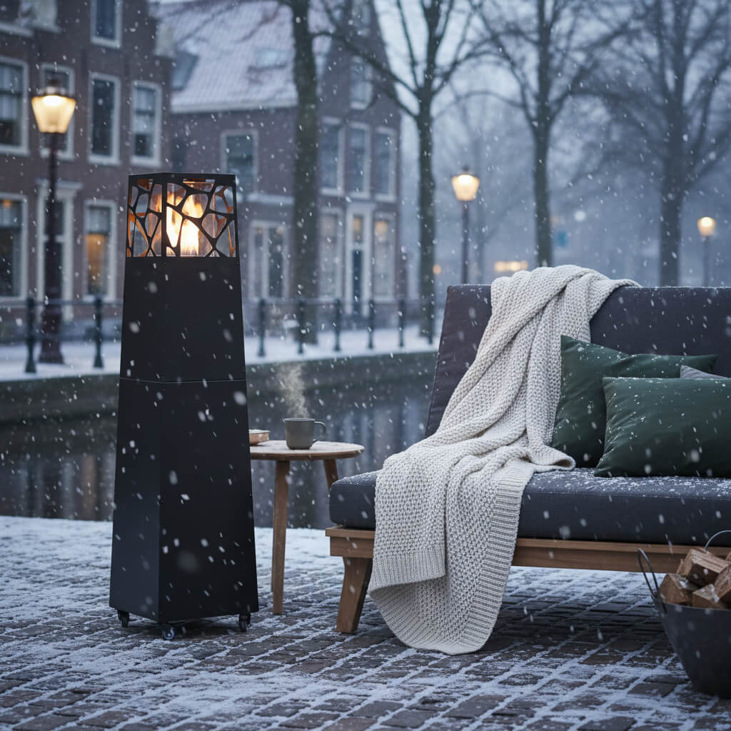 Terrasverwarmer op gas voor HORECA – pyramid zwart buitenleven | sfeerfoto