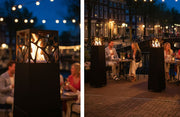 Moderne terrasverwarmer op gas Pyramid Planika in gebruik op een Nederlands horecaterras – stijlvolle buitenhaard met zichtbare vlam, ideaal voor restaurants en cafés.