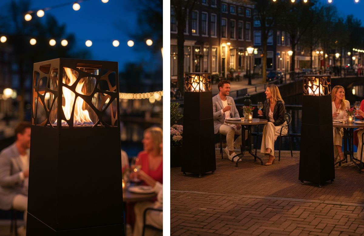 Moderne terrasverwarmer op gas Pyramid Planika in gebruik op een Nederlands horecaterras – stijlvolle buitenhaard met zichtbare vlam, ideaal voor restaurants en cafés.