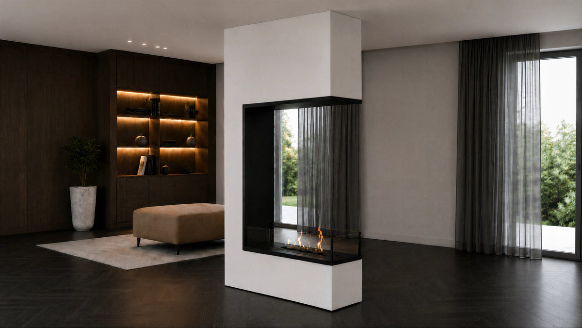 Wild Flame Saint verticale driezijdige bio-ethanol roomdivider inbouwhaard 60 x 140 cm – sfeerfoto