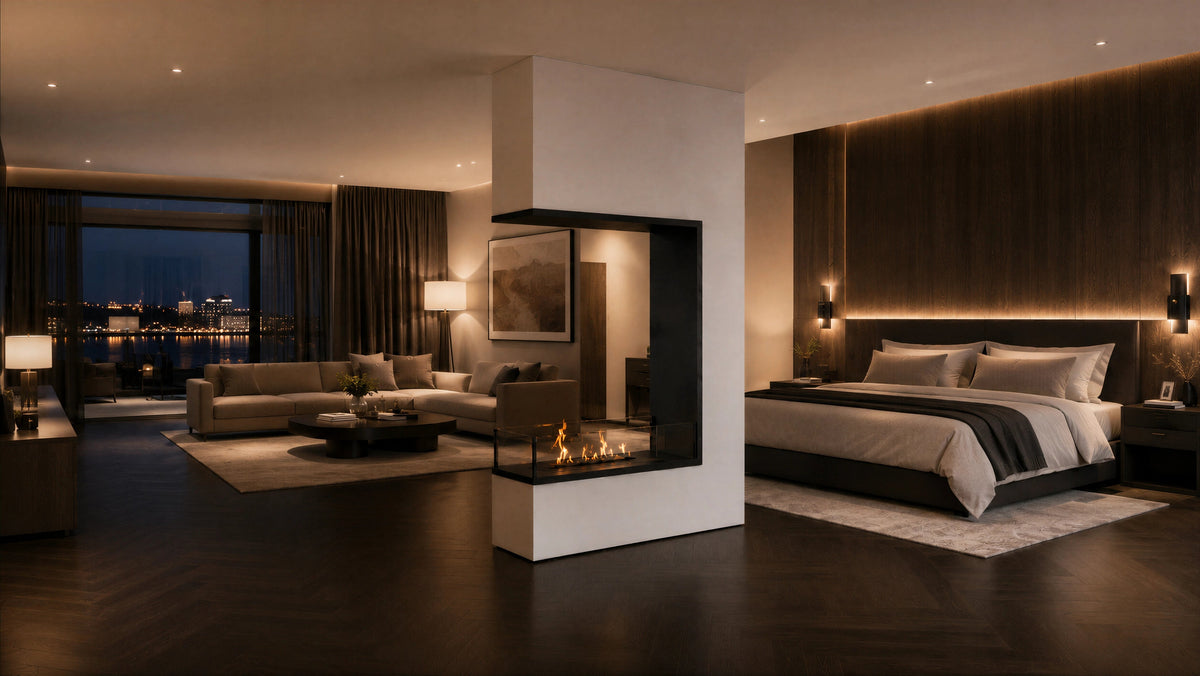 Wild Flame Saint verticale driezijdige bio-ethanol roomdivider inbouwhaard 70 x 120 cm – sfeerfoto