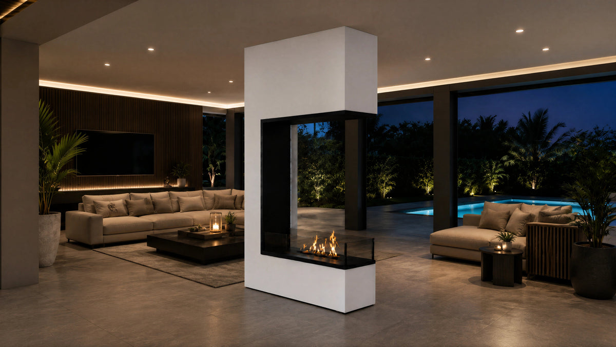 Wild Flame Saint verticale driezijdige bio-ethanol roomdivider inbouwhaard 80 x 100 cm – sfeerfoto