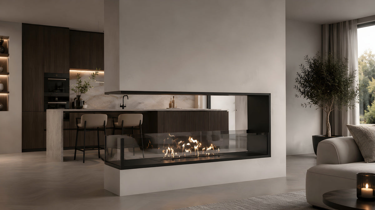 Wild Flame Saint U-vorm driezijdige bio-ethanol inbouwhaard 120 cm – sfeerfoto