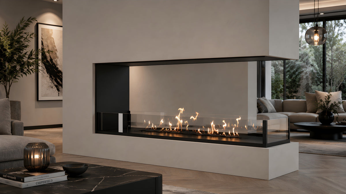 Wild Flame Saint U-vorm driezijdige bio-ethanol inbouwhaard 170 cm – sfeerfoto