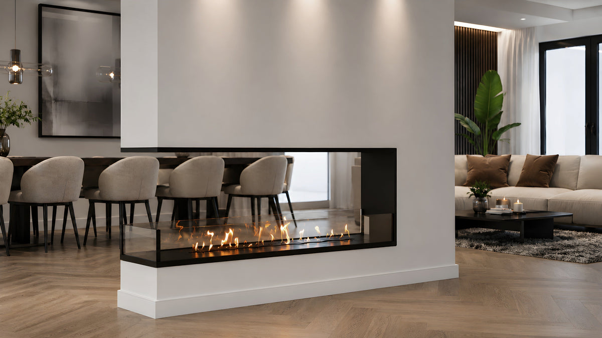 Wild Flame Saint U-vorm driezijdige bio-ethanol inbouwhaard 180 cm – sfeerfoto