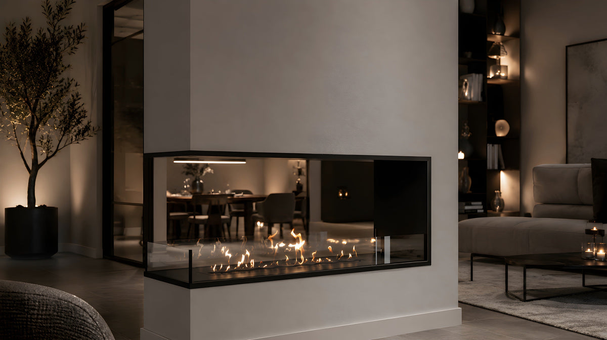 Wild Flame Saint U-vorm driezijdige bio-ethanol inbouwhaard 190 cm – sfeerfoto