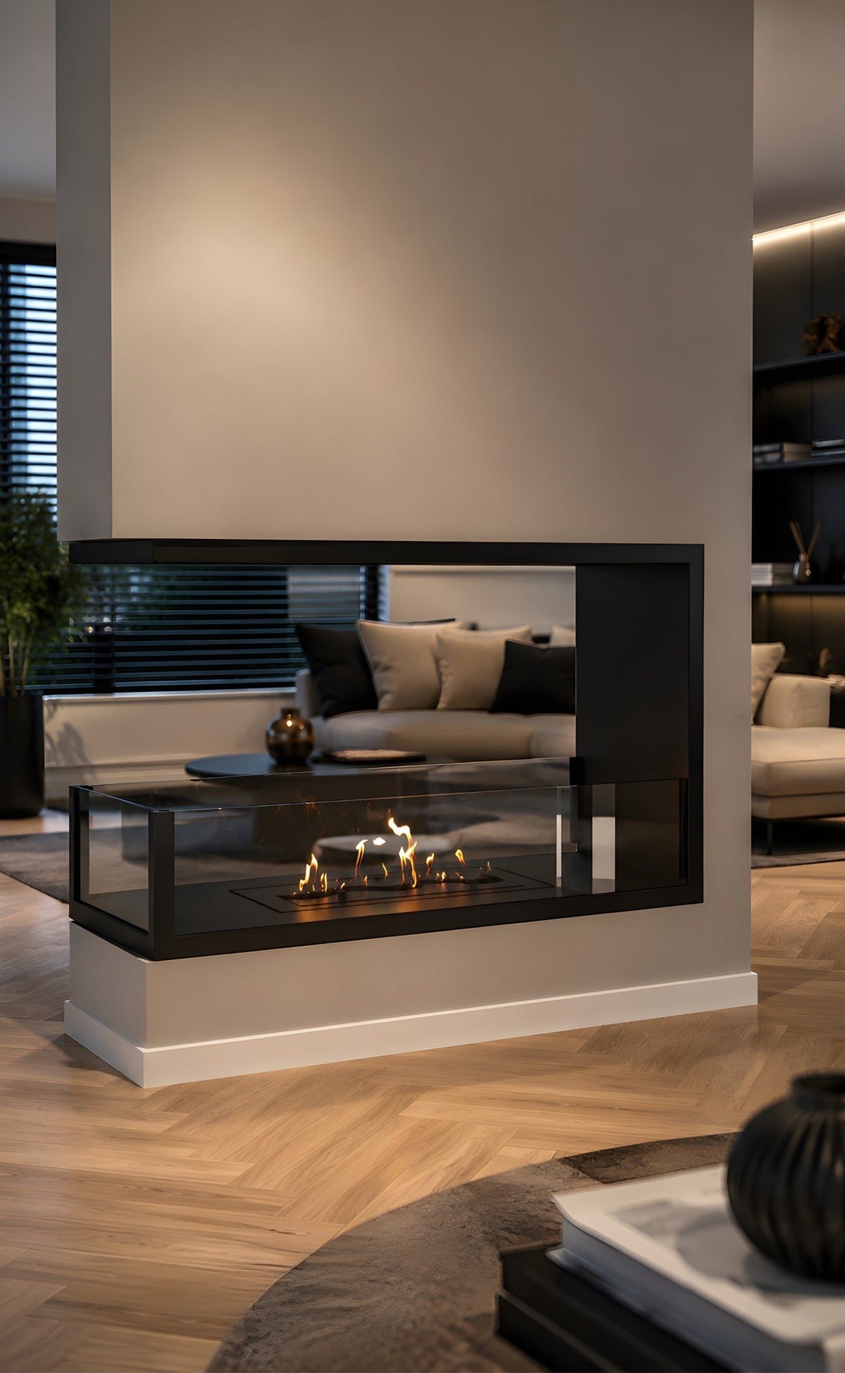 Wild Flame Saint U-vorm driezijdige bio-ethanol inbouwhaard 60 cm – sfeerfoto