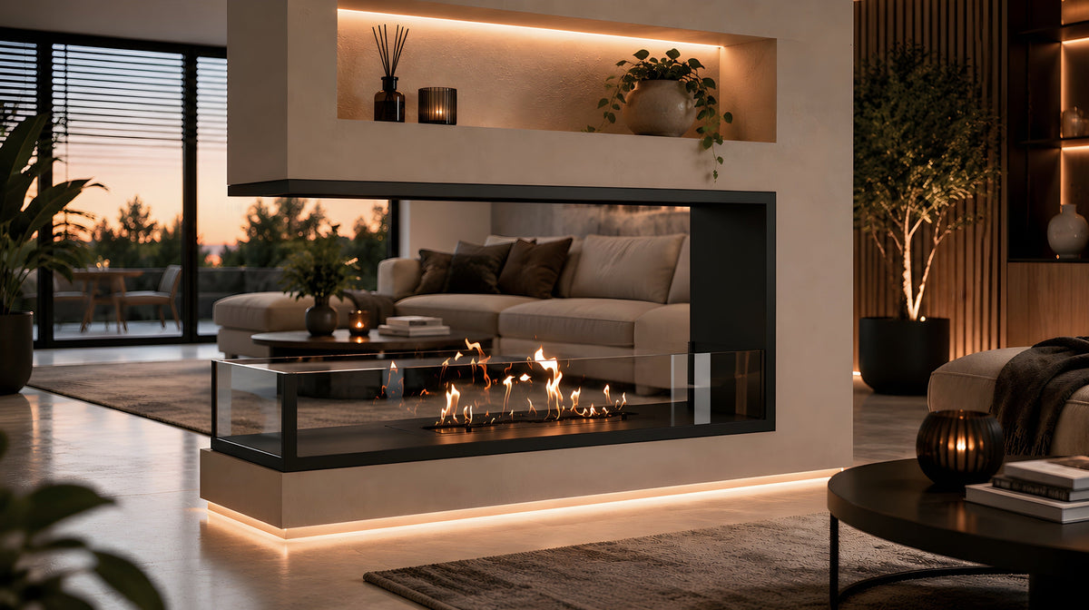 Wild Flame Saint U-vorm driezijdige bio-ethanol inbouwhaard 70 cm – sfeerfoto