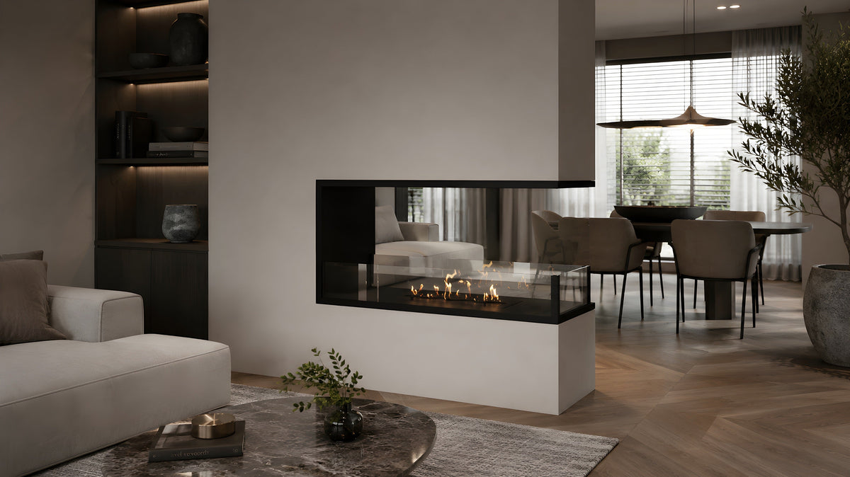 Wild Flame Saint U-vorm driezijdige bio-ethanol inbouwhaard 80 cm – sfeerfoto