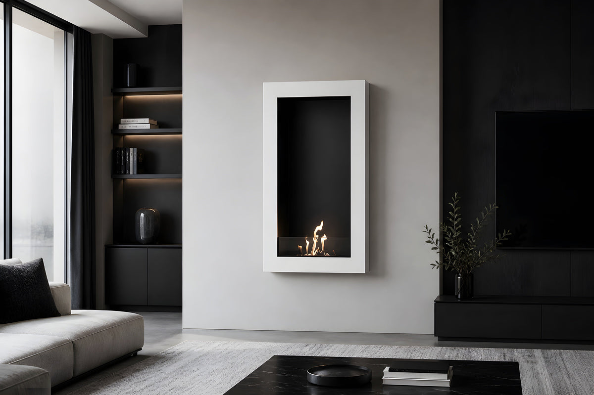 Wild Flame Selected Box verticale bio-ethanol wandhaard wit 60 x 120 cm – sfeerfoto