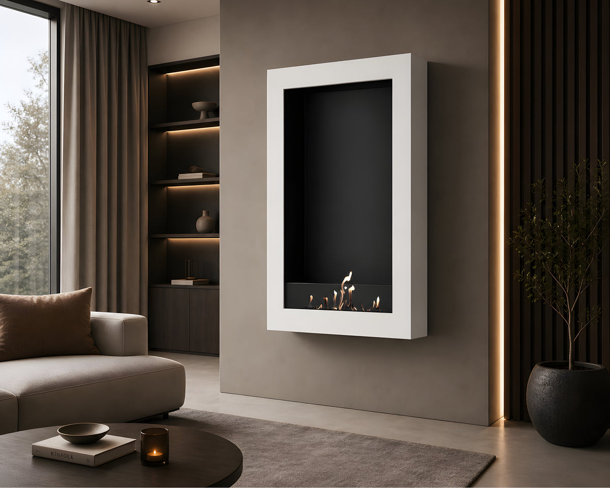 Wild Flame Selected Box verticale bio-ethanol wandhaard wit 80 x 140 cm – sfeerfoto