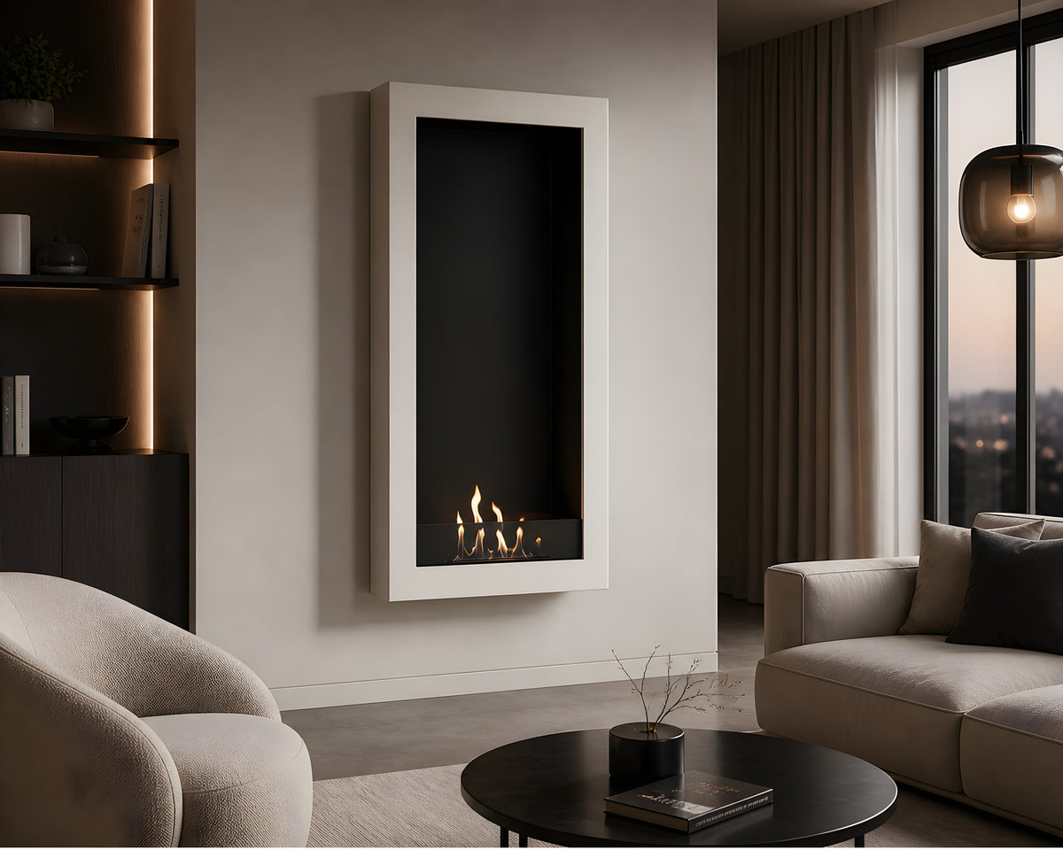 Wild Flame Selected Box verticale bio-ethanol wandhaard wit 70 x 200 cm – sfeerfoto