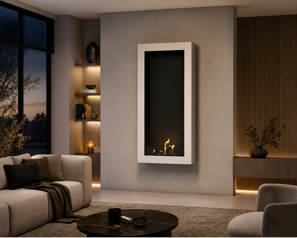 Wild Flame Selected Box verticale bio-ethanol wandhaard wit 70 x 200 cm – sfeerfoto