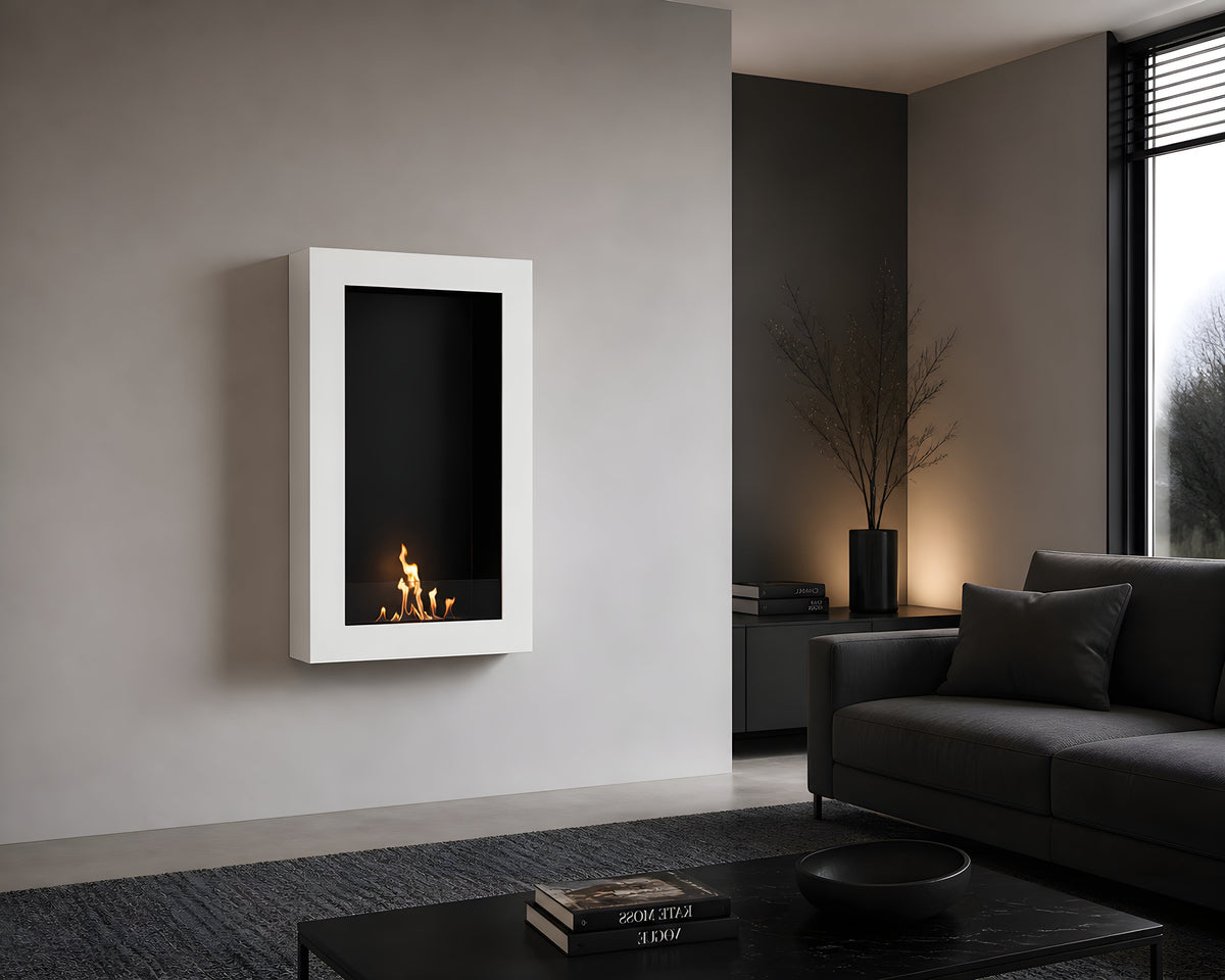 Wild Flame Selected Box verticale bio-ethanol wandhaard wit 60 x 180 cm – sfeerfoto