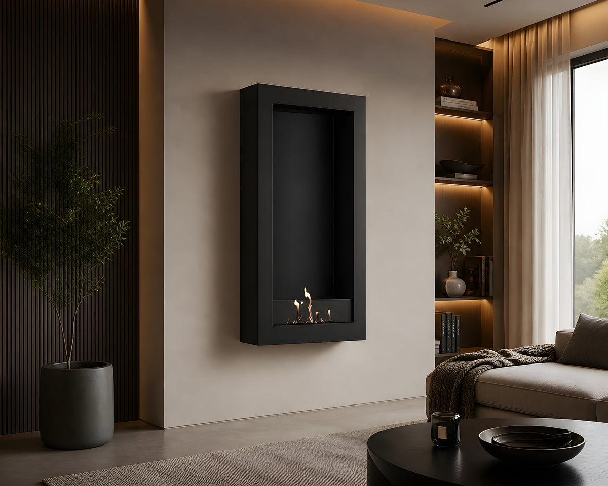 Wild Flame Selected Box verticale bio-ethanol wandhaard zwart 70 x 180 cm – sfeerfoto