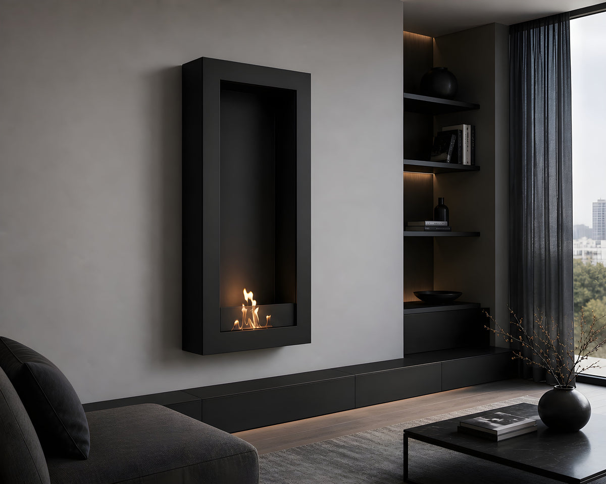 Wild Flame Selected Box verticale bio-ethanol wandhaard zwart 60 x 200 cm – sfeerfoto