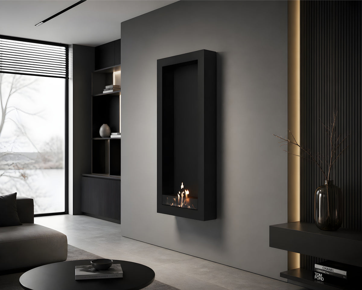 Wild Flame Selected Box verticale bio-ethanol wandhaard zwart 60 x 160 cm – sfeerfoto