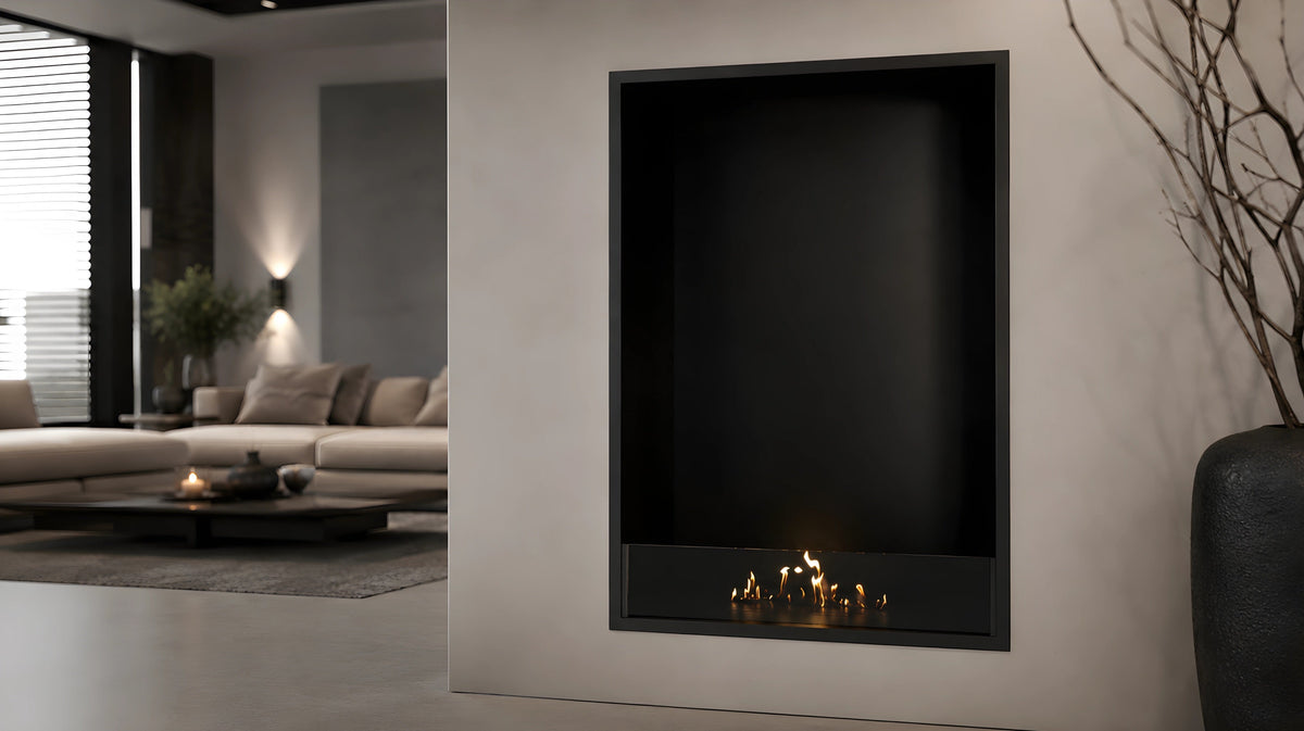 Wild Flame Selected verticale enkelzijdige bio-ethanol inbouwhaard 70 x 100 cm – sfeerfoto