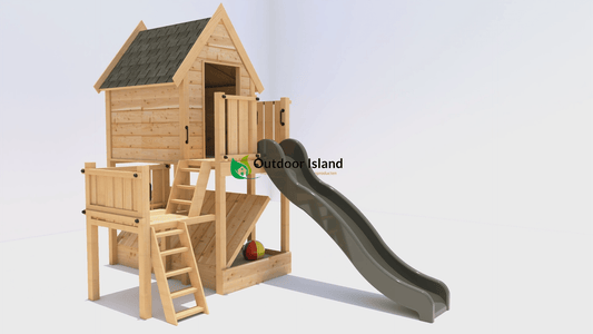 Speelhuisje met antraciet glijbaan van Douglashout - Stijlvol landelijk speeltoestel - Outdoor Island