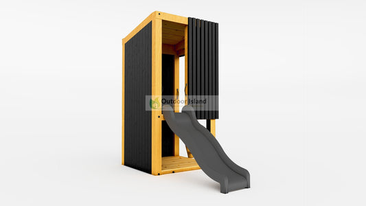 Kinderen spelen op het Outdoor Island Speeltoestel Modern 90 met glijbaan, gemaakt van duurzaam Douglashout in een moderne tuin.