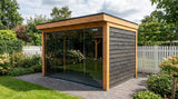 Douglas tuinkamer met glazen schuifwanden en plat dak 360 x 250 cm