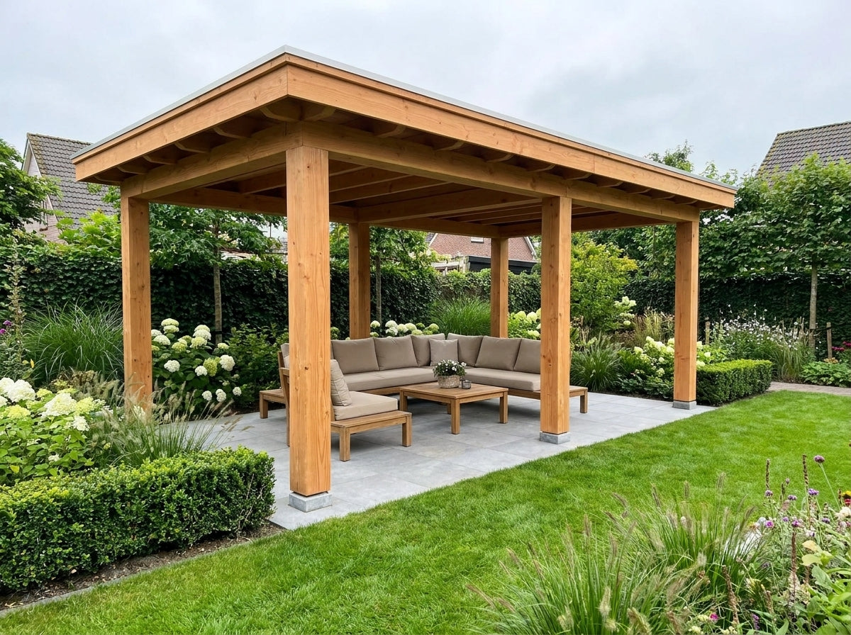Tuinhuis met Glazen Schuifdeuren | YARD Outdoor | Plat Dak | 5x3 Meter - Bouwpakket – elegante lifestyle | sfeerfoto