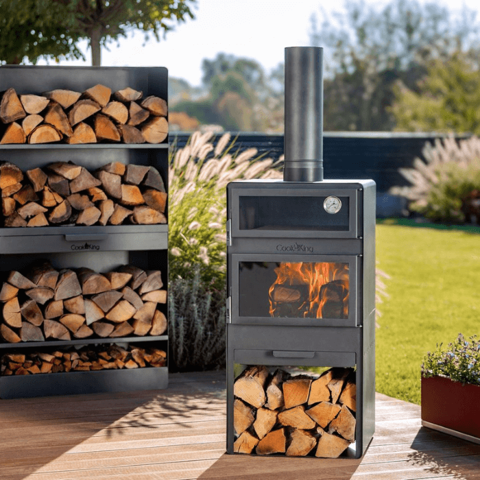 Set: Tuinkachel VENTO met bakoven en dubbel gehard glas, incl. grillrooster en houtrek 120×40×30 cm | CookKing – buit...