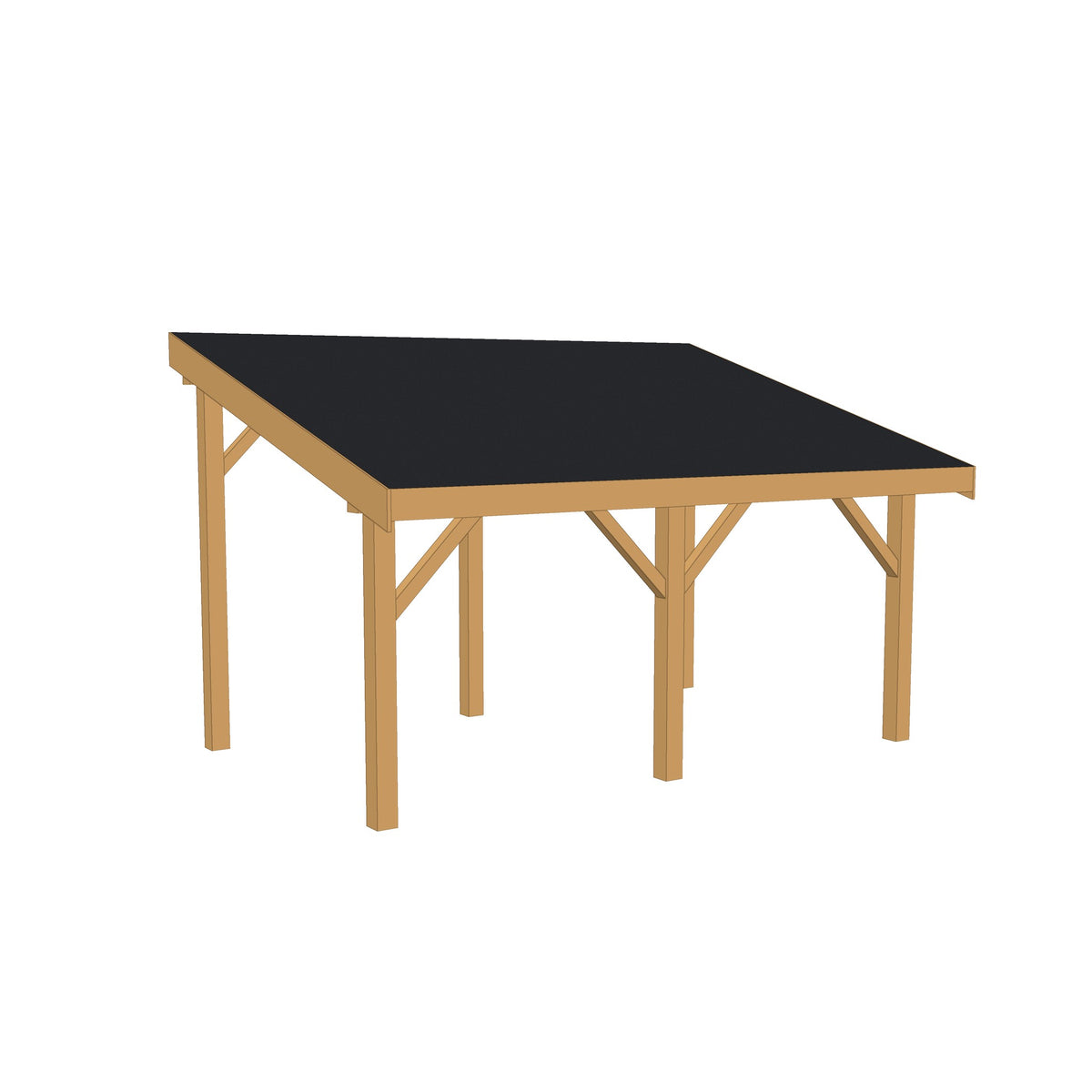 Vrijstaande Douglas overkapping met schuin dak 450 x 270 cm (Oblique maatwerk), 6 staanders 14x14 cm en zwarte dakshingles