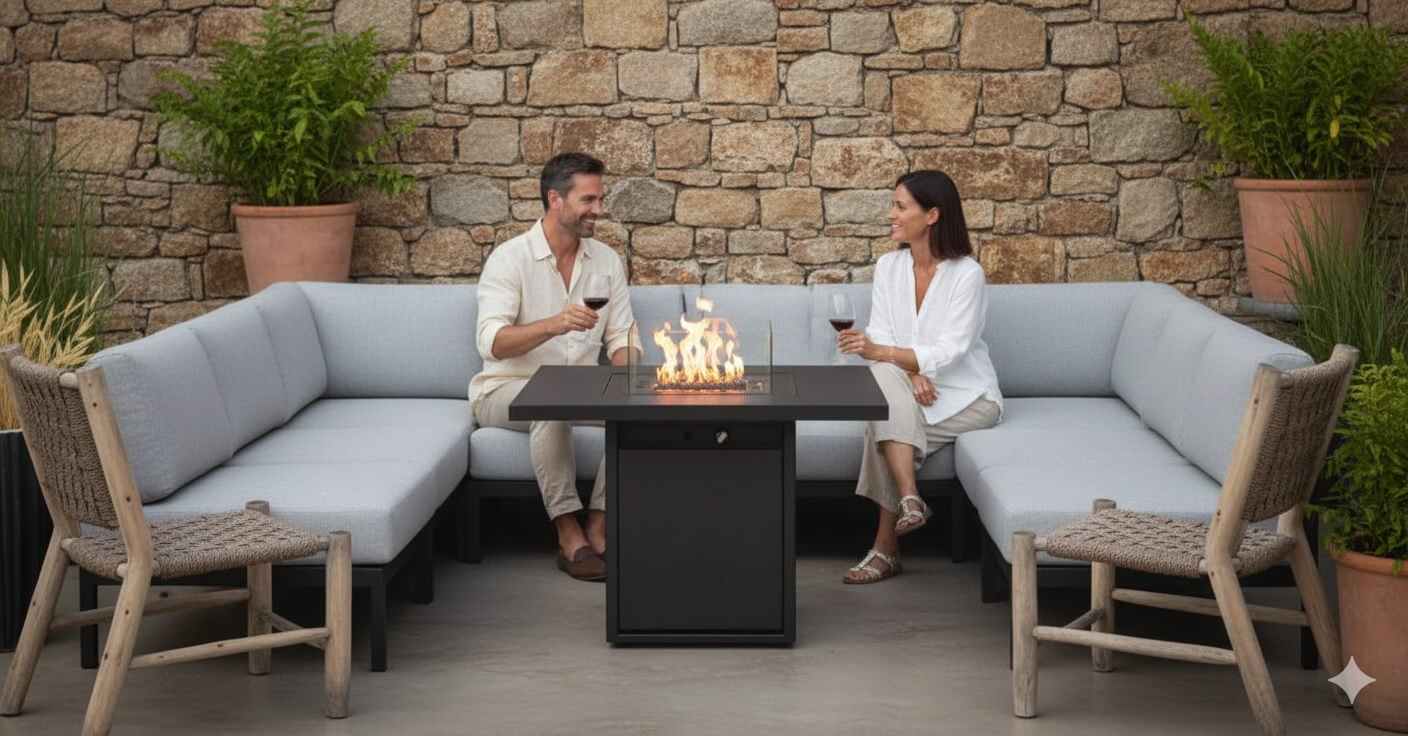 Square gas vuurtafel van Planika met strak design op een terras