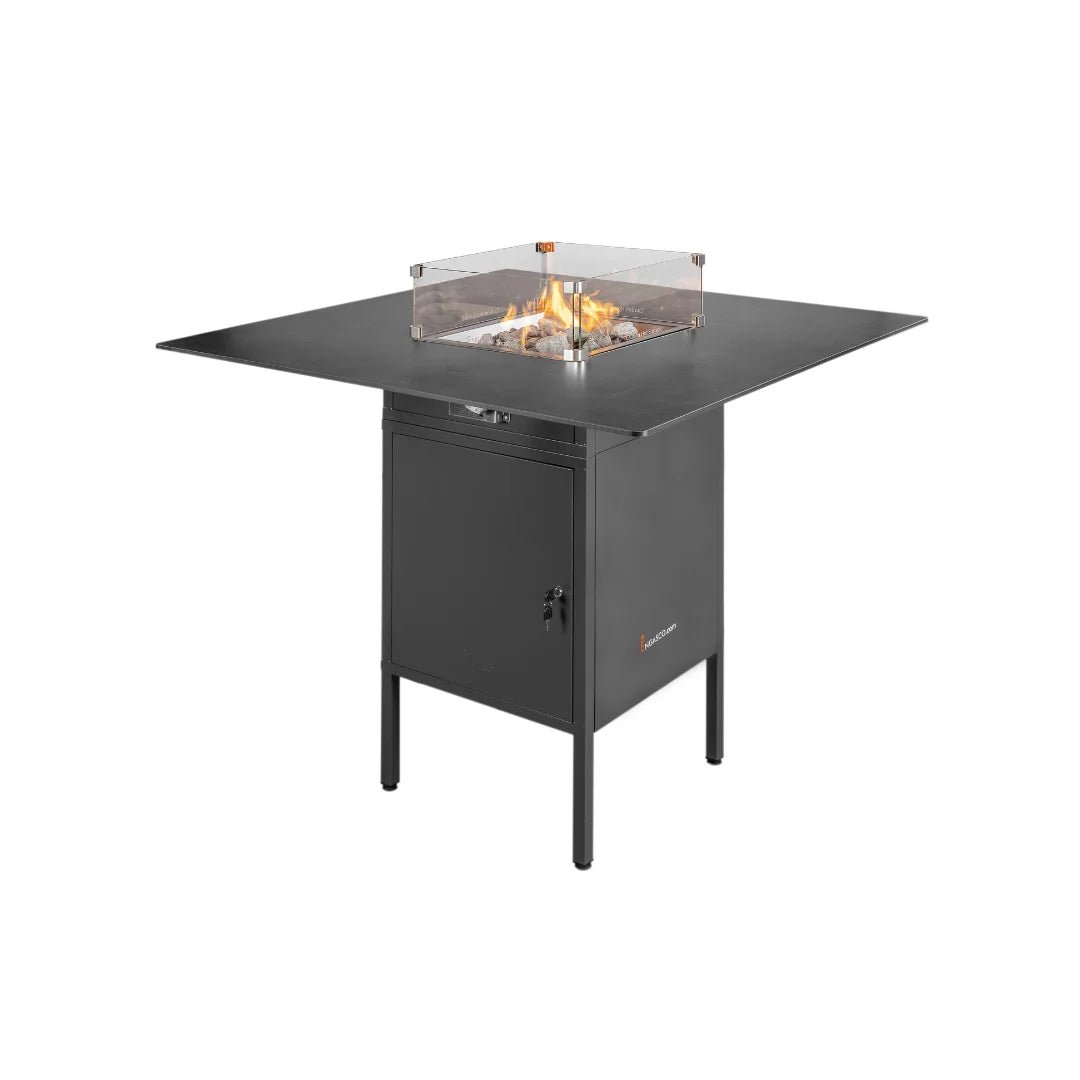 Close-up van de Slava Hoog vuurtafel voor buiten met moderne gashaardtafel design