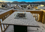 Slava Low vuurtafel buiten in de sneeuw – winterproof luxe gashaard tafel – Chique Buiten Leven