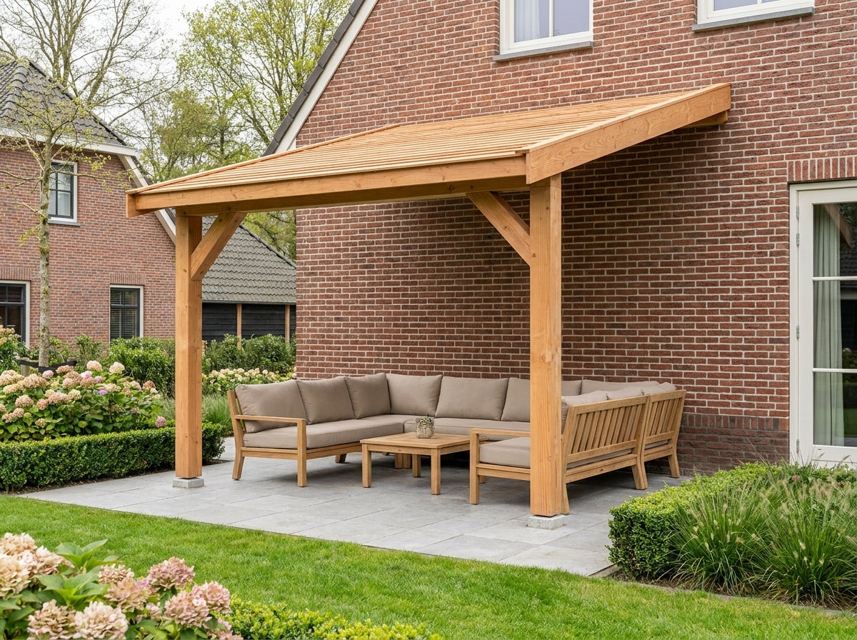 OBLIQUE Veranda bouwpakket schuin dak 300x300 cm Douglas blank dakbeplanking YARD Outdoor