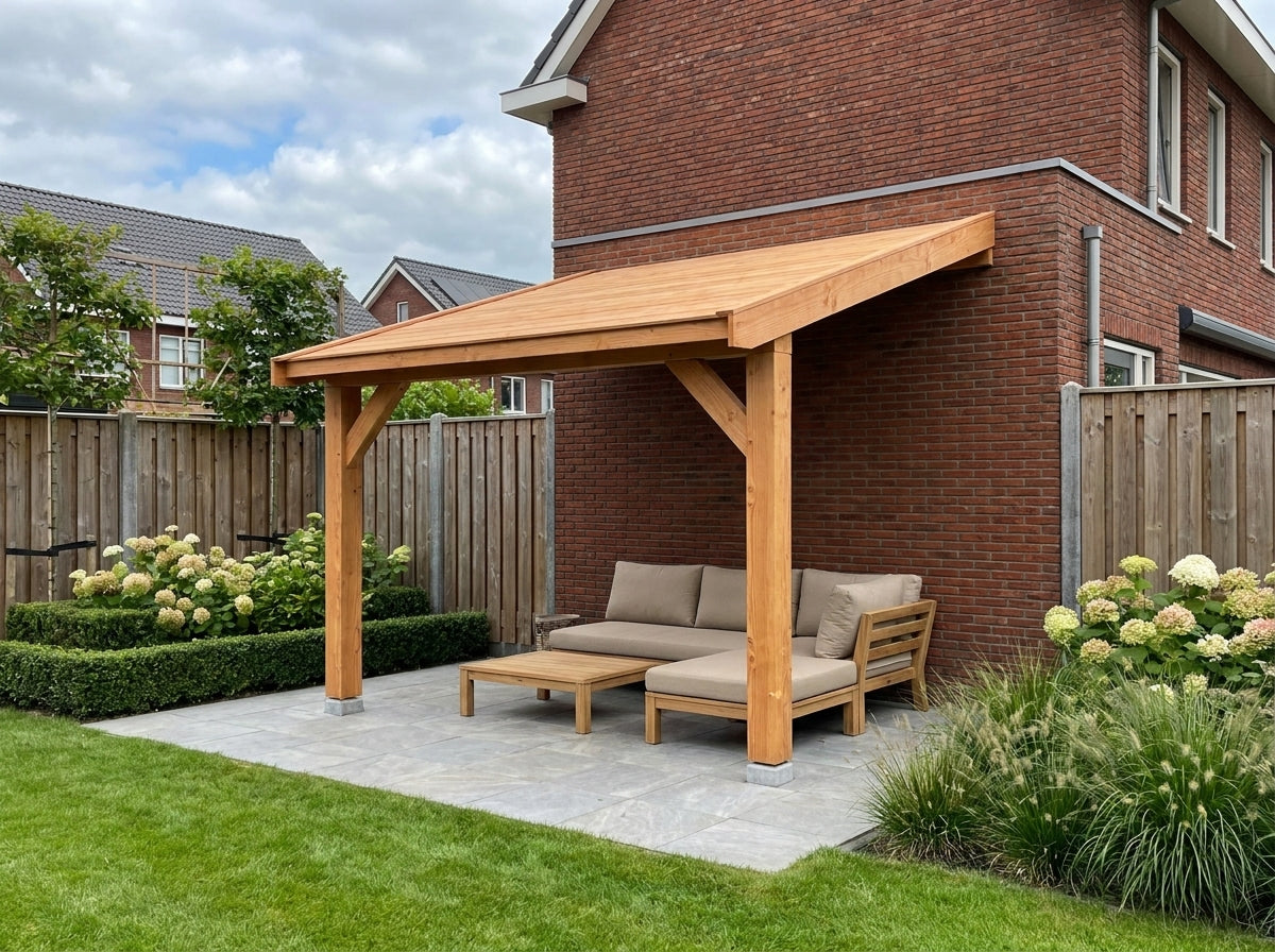 OBLIQUE Veranda bouwpakket Schuin dak 300x400 cm Douglas blank dakbeplanking YARD Outdoor