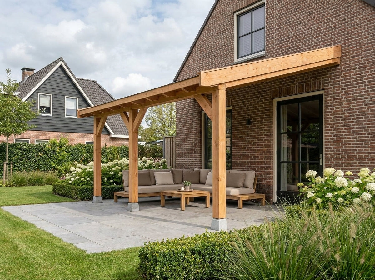 OBLIQUE Veranda bouwpakket met schuin dak 500x350 cm Douglas blank dakbeplanking YARD Outdoor
