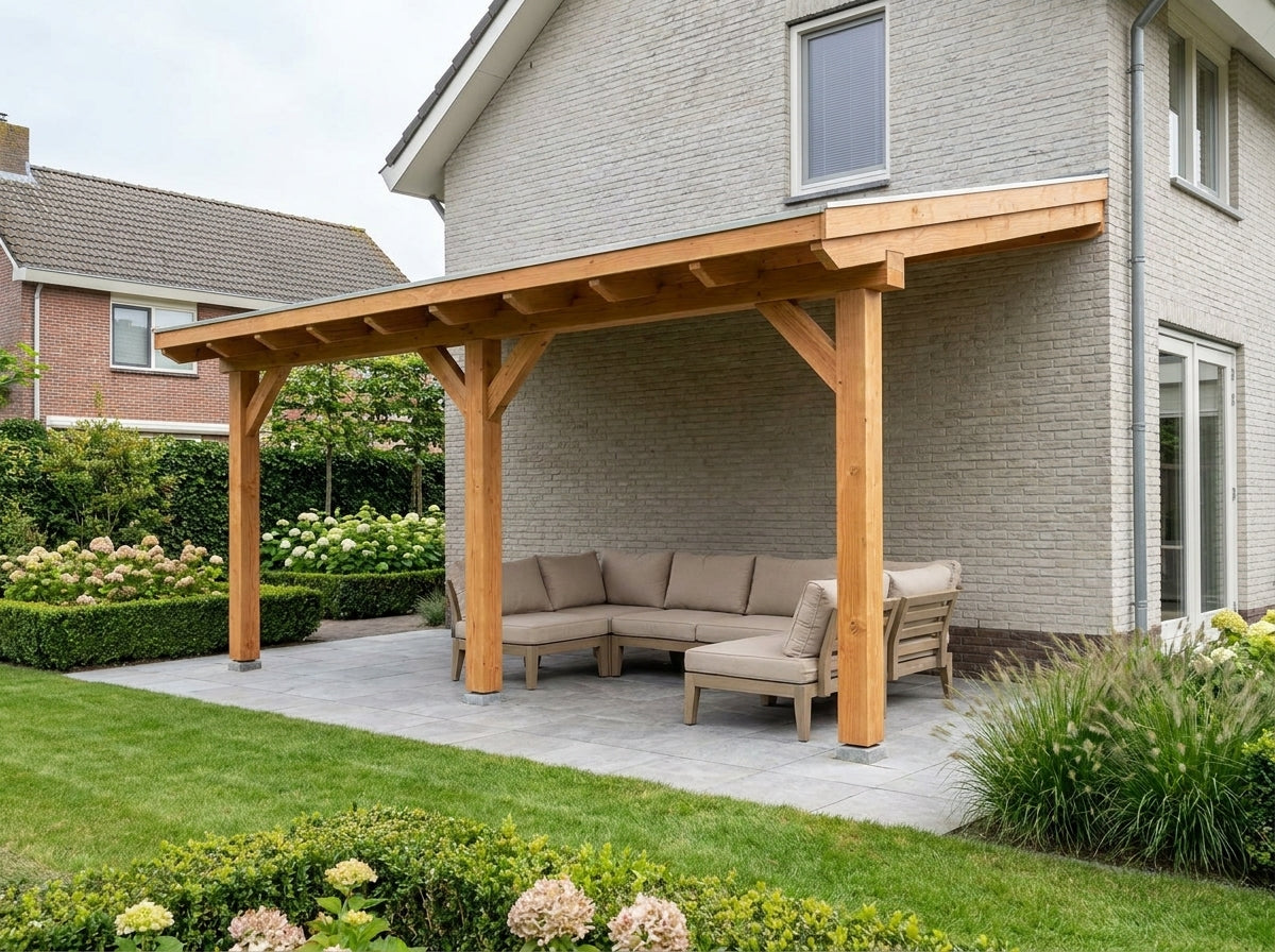OBLIQUE Veranda bouwpakket Schuin dak 600x350 cm Douglas blank dakbeplanking YARD Outdoor